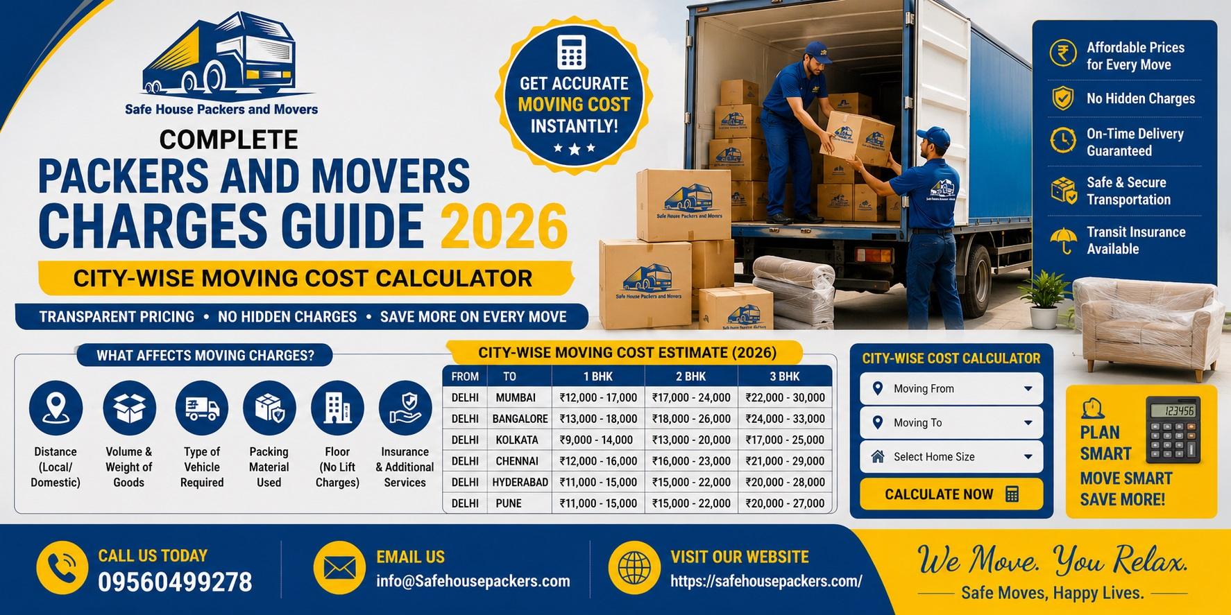 Complete Packers and Movers Charges Guide 2026: City-wise Moving Cost Calculator